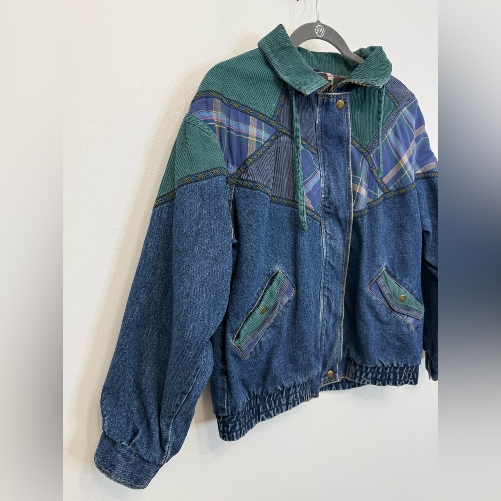 Weathered Blues Vintage Denim Bomber Jacket Mixed Media Flannel Lined Women’s S - Picture 2 of 15